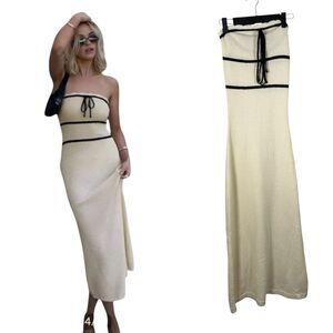 Commense Knotted Tube Midi Sweater Dress Cream Black Coquette Dress XS NEW